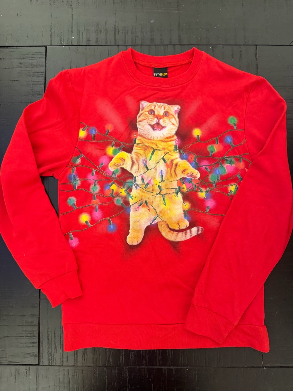 Fifth Sun Red Christmas sweatshirt with Playful Cat and Colorful Lights